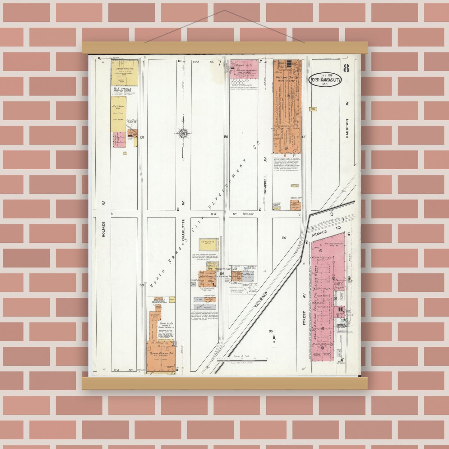 Old map wall art mockup — magnetic wood frame on brick wall — Sanborn Fire Insurance Map from North Kansas City, Clay County, Missouri (1918), Sheet #0008