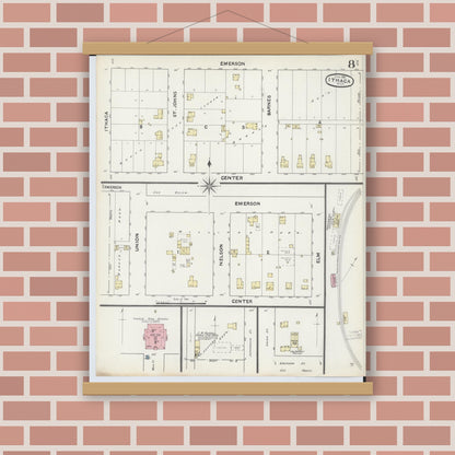 Old map wall art mockup — magnetic wood frame on brick wall — Sanborn Fire Insurance Map from Ithaca, Gratiot County, Michigan (1891), Sheet #0008