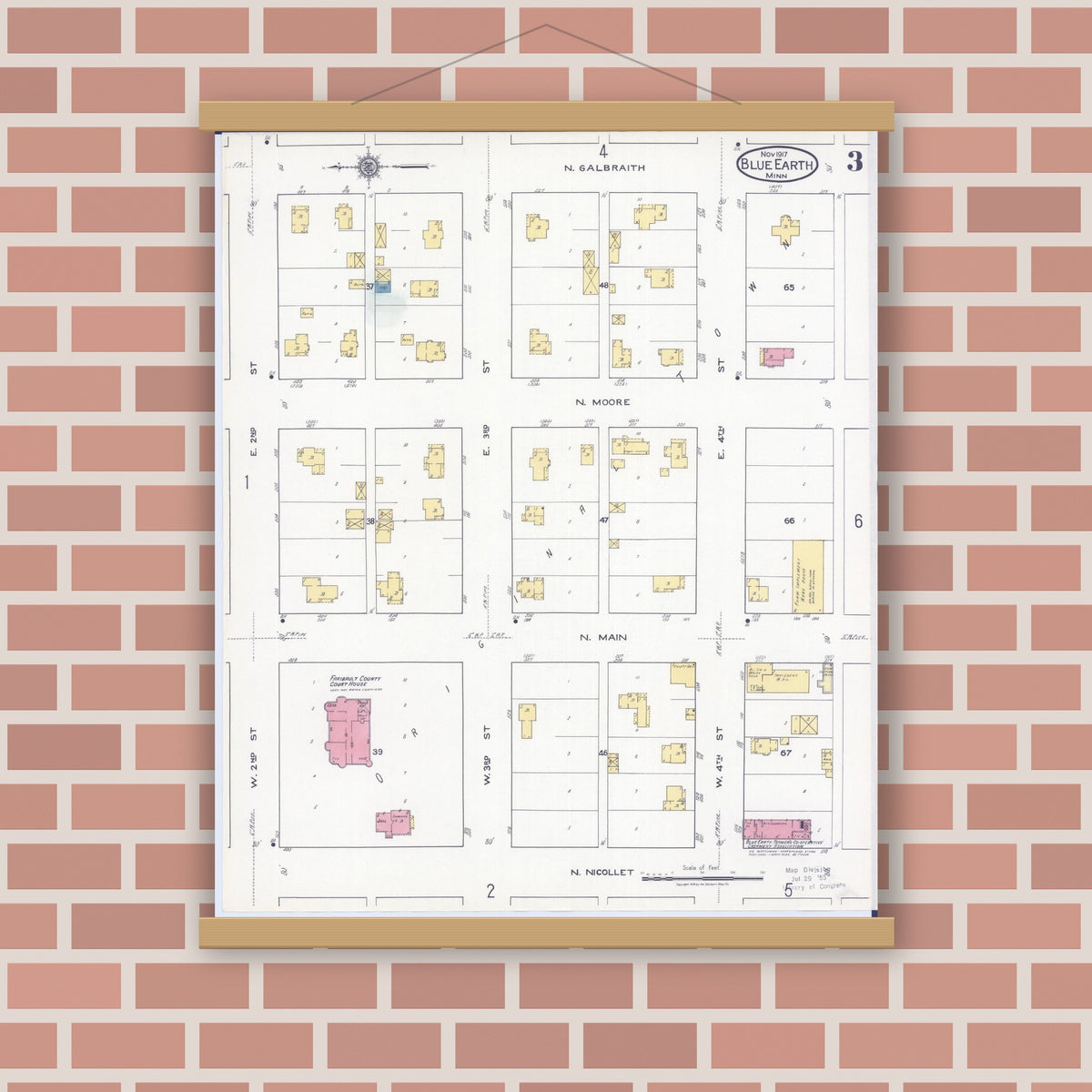 Old map wall art mockup — magnetic wood frame on brick wall — Sanborn Fire Insurance Map from Blue Earth, Faribault County, Minnesota (1917), Sheet #0003