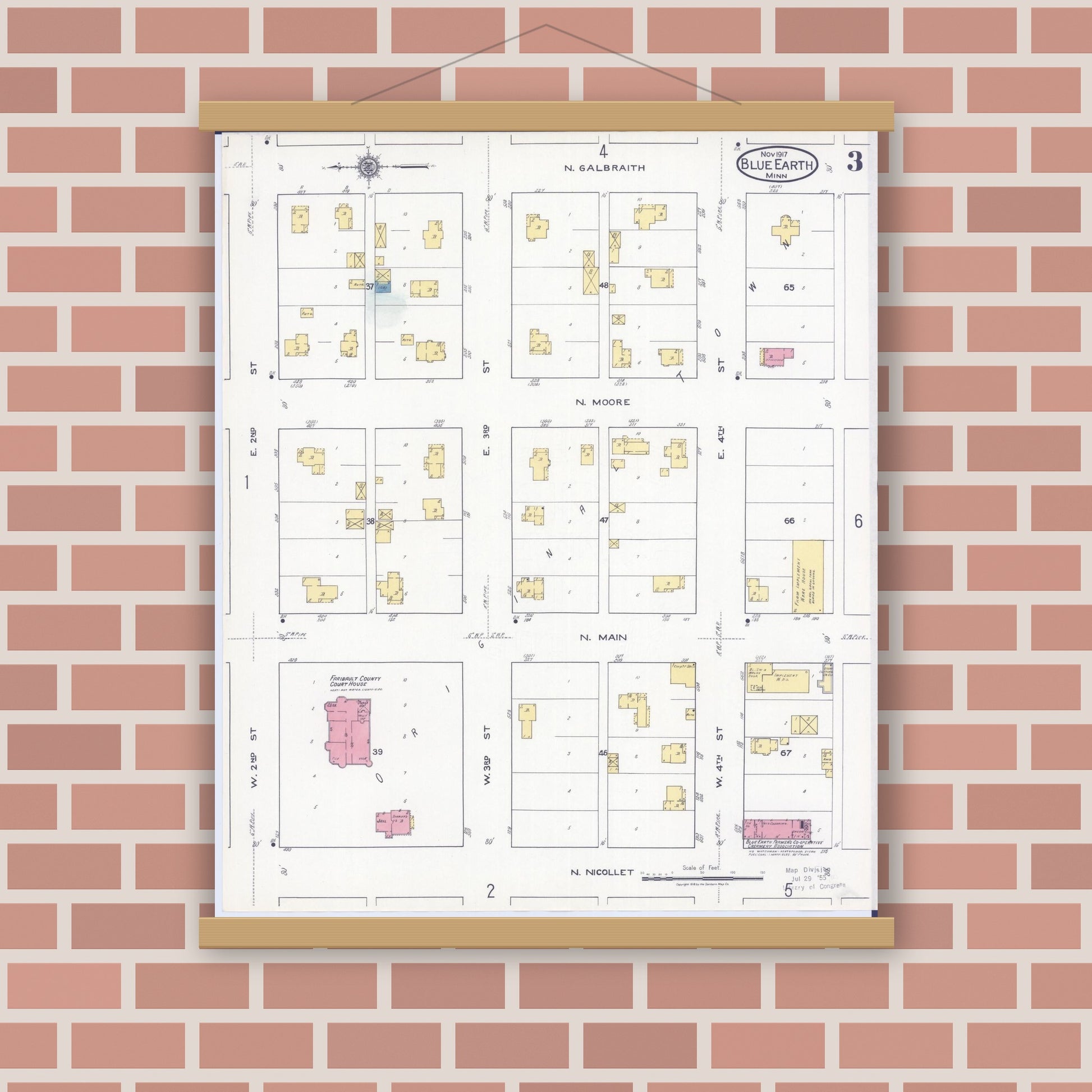 Old map wall art mockup — magnetic wood frame on brick wall — Sanborn Fire Insurance Map from Blue Earth, Faribault County, Minnesota (1917), Sheet #0003
