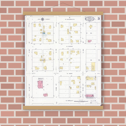 Old map wall art mockup — magnetic wood frame on brick wall — Sanborn Fire Insurance Map from Blue Earth, Faribault County, Minnesota (1917), Sheet #0003