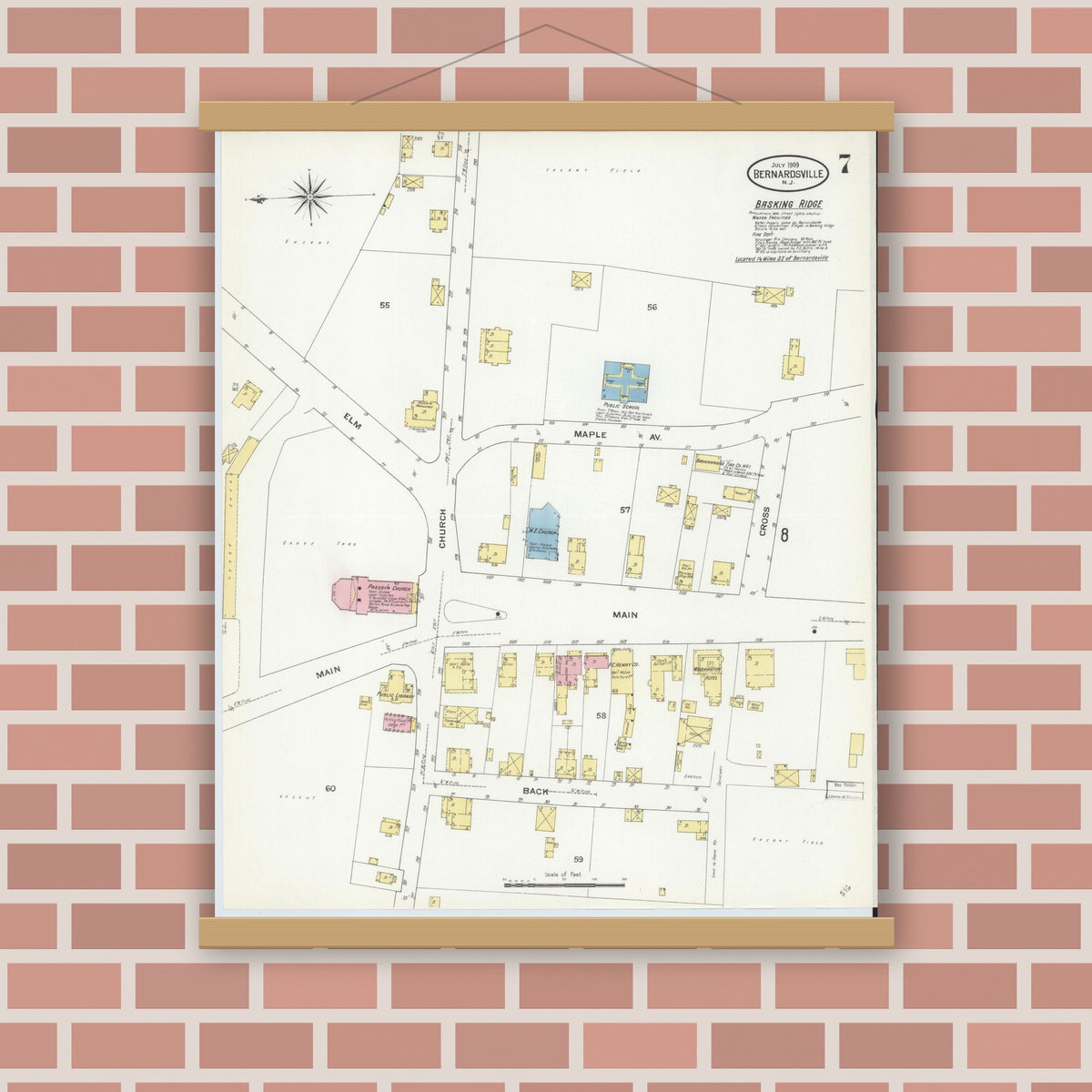 Old map wall art mockup — magnetic wood frame on brick wall — Sanborn Fire Insurance Map from Bernardsville, Somerset County, New Jersey (1909), Sheet #0007