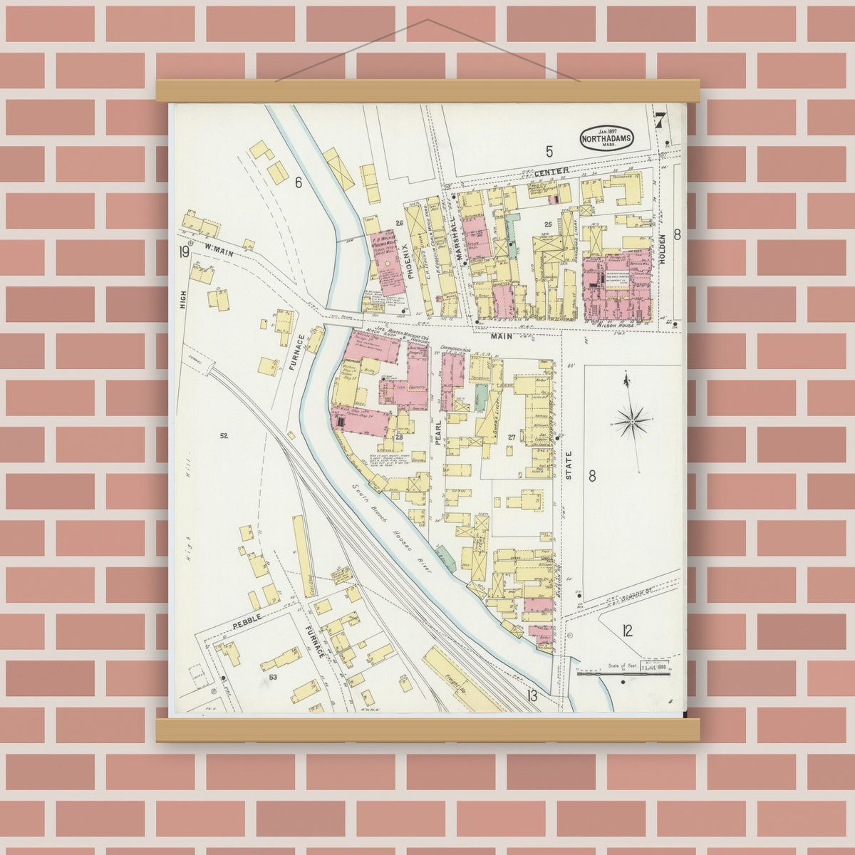 Old map wall art mockup — magnetic wood frame on brick wall — Sanborn Fire Insurance Map from North Adams, Berkshire County, Massachusetts (1897), Sheet #0007