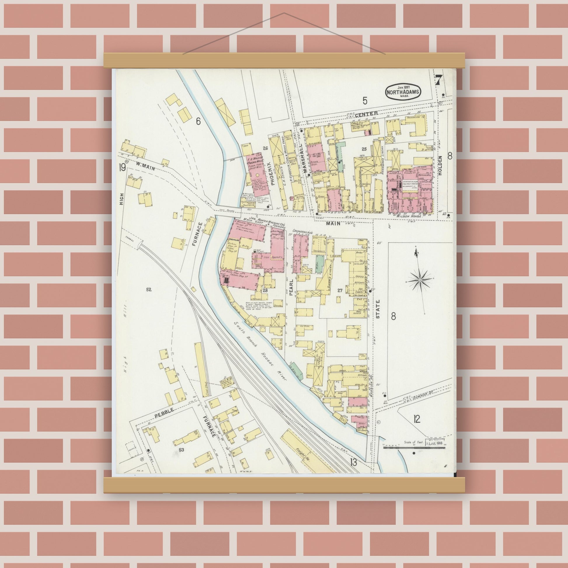 Old map wall art mockup — magnetic wood frame on brick wall — Sanborn Fire Insurance Map from North Adams, Berkshire County, Massachusetts (1897), Sheet #0007