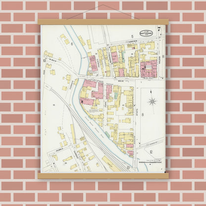Old map wall art mockup — magnetic wood frame on brick wall — Sanborn Fire Insurance Map from North Adams, Berkshire County, Massachusetts (1897), Sheet #0007