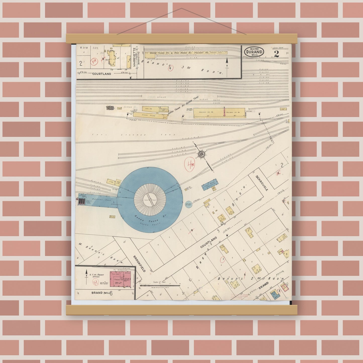 Old map wall art mockup — magnetic wood frame on brick wall — Sanborn Fire Insurance Map from Durand, Shiawassee County, Michigan (1944), Sheet #0002