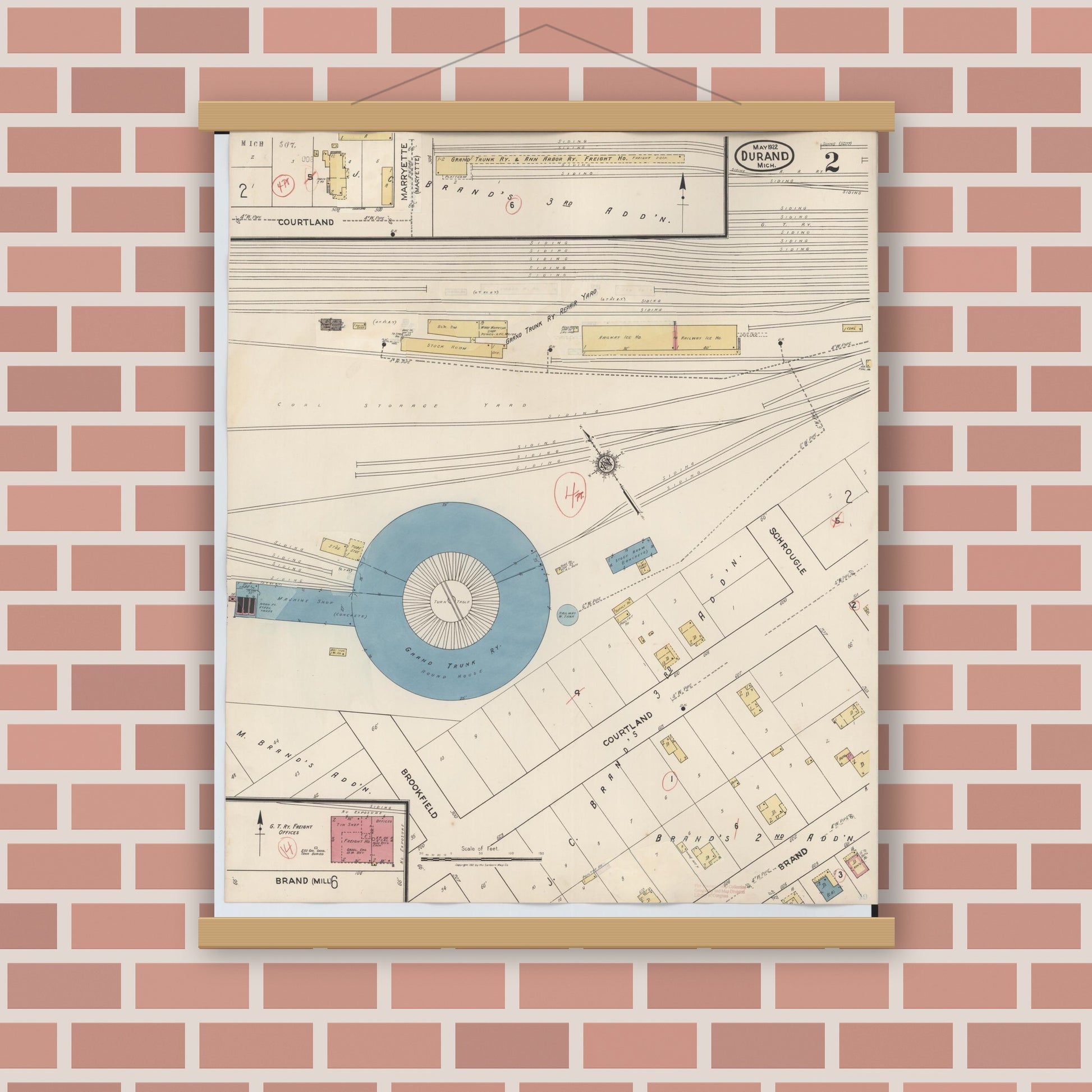 Old map wall art mockup — magnetic wood frame on brick wall — Sanborn Fire Insurance Map from Durand, Shiawassee County, Michigan (1944), Sheet #0002