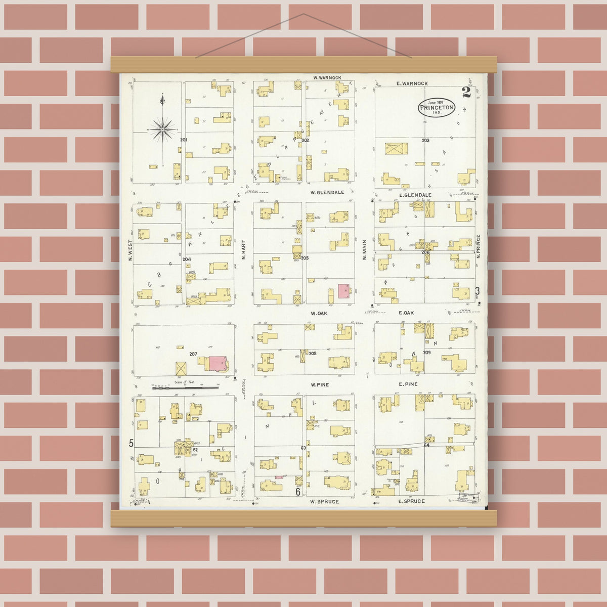 Old map wall art mockup — magnetic wood frame on brick wall — Sanborn Fire Insurance Map from Princeton, Gibson County, Indiana (1907), Sheet #0002