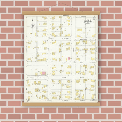 Old map wall art mockup — magnetic wood frame on brick wall — Sanborn Fire Insurance Map from Princeton, Gibson County, Indiana (1907), Sheet #0002