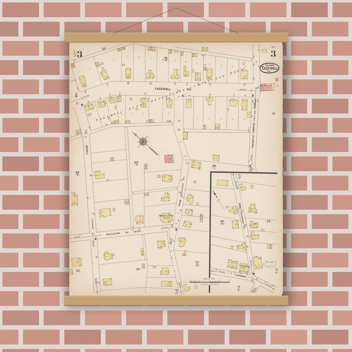 Old map wall art mockup — magnetic wood frame on brick wall — Sanborn Fire Insurance Map from Tazewell, Tazewell County, Virginia (1923), Sheet #0003