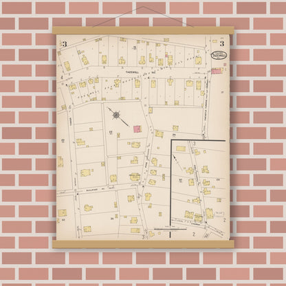 Old map wall art mockup — magnetic wood frame on brick wall — Sanborn Fire Insurance Map from Tazewell, Tazewell County, Virginia (1923), Sheet #0003