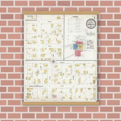 Old map wall art mockup — magnetic wood frame on brick wall — Sanborn Fire Insurance Map from Owensville, Gibson County, Indiana (1907), Sheet #0001