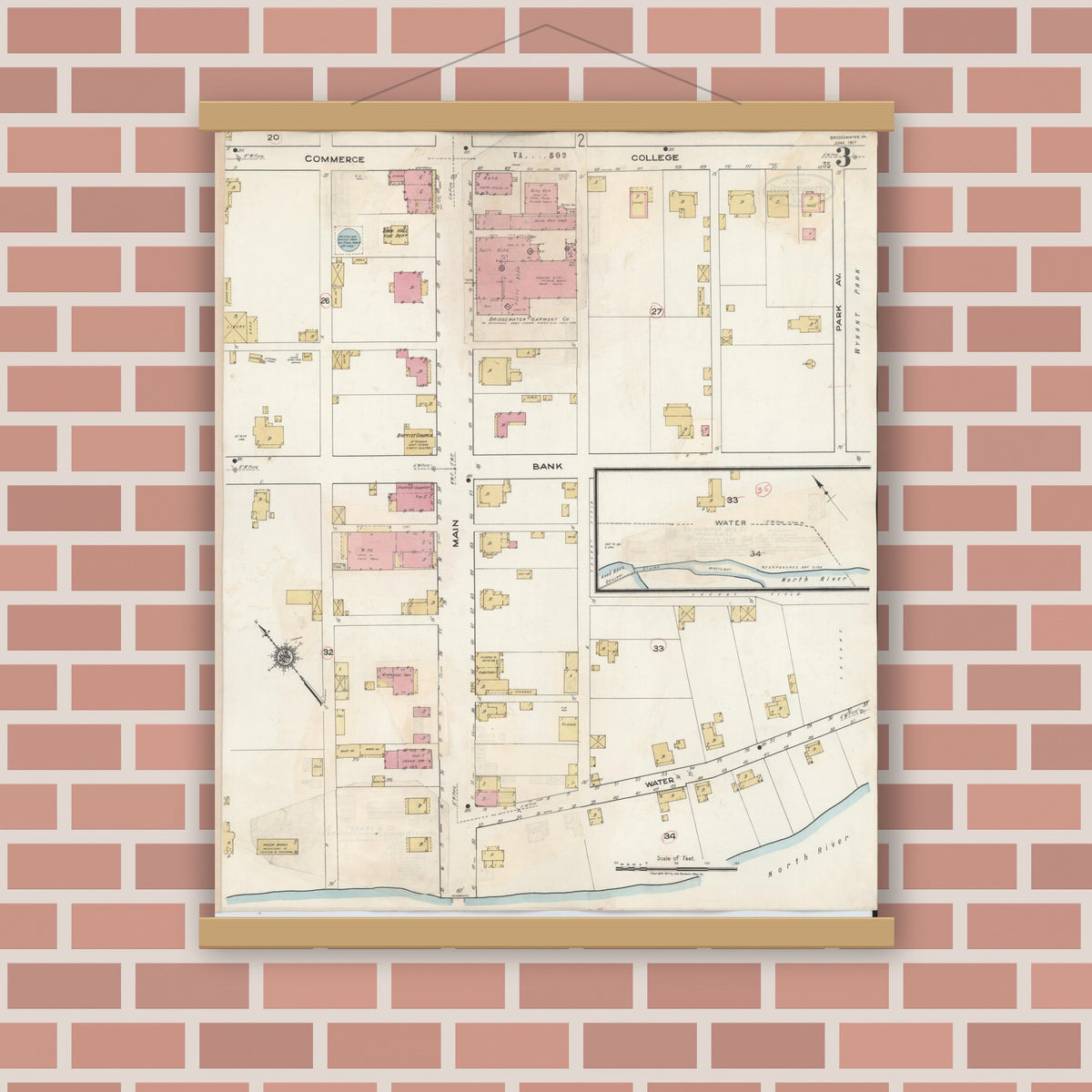 Old map wall art mockup — magnetic wood frame on brick wall — Sanborn Fire Insurance Map from Bridgewater, Rockingham County, Virginia (1917), Sheet #0003