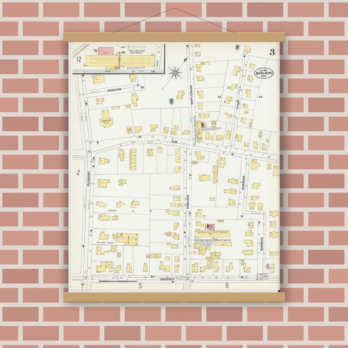 Old map wall art mockup — magnetic wood frame on brick wall — Sanborn Fire Insurance Map from Marlborough, Middlesex County, Massachusetts (1901), Sheet #0003