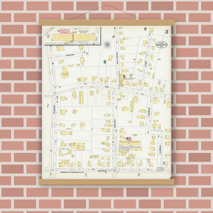 Old map wall art mockup — magnetic wood frame on brick wall — Sanborn Fire Insurance Map from Marlborough, Middlesex County, Massachusetts (1901), Sheet #0003