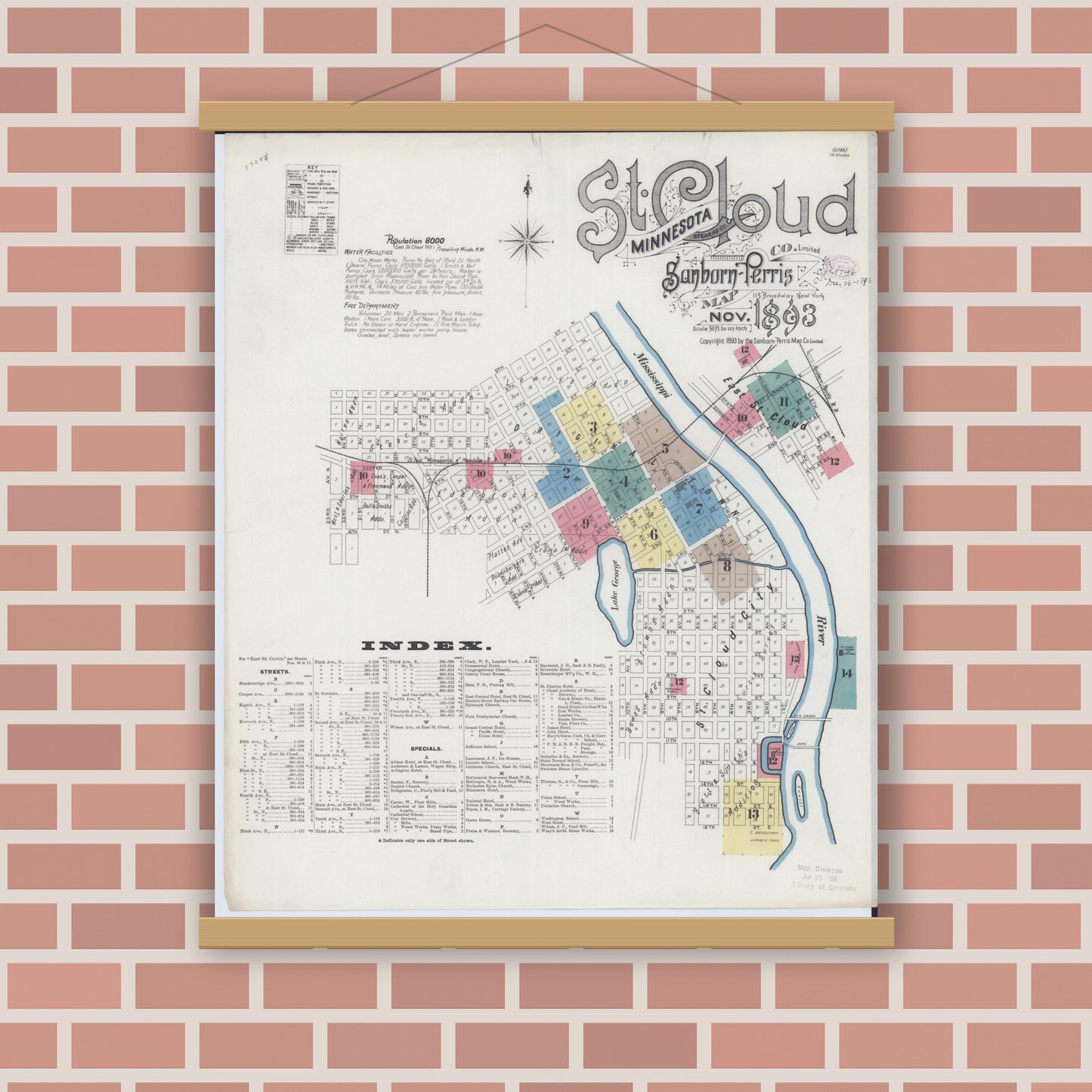 Old map wall art mockup — magnetic wood frame on brick wall — Sanborn Fire Insurance Map from Saint Cloud, Stearns, Benton, and Sherburne Counties, Minnesota (1893) - Complete Map Set