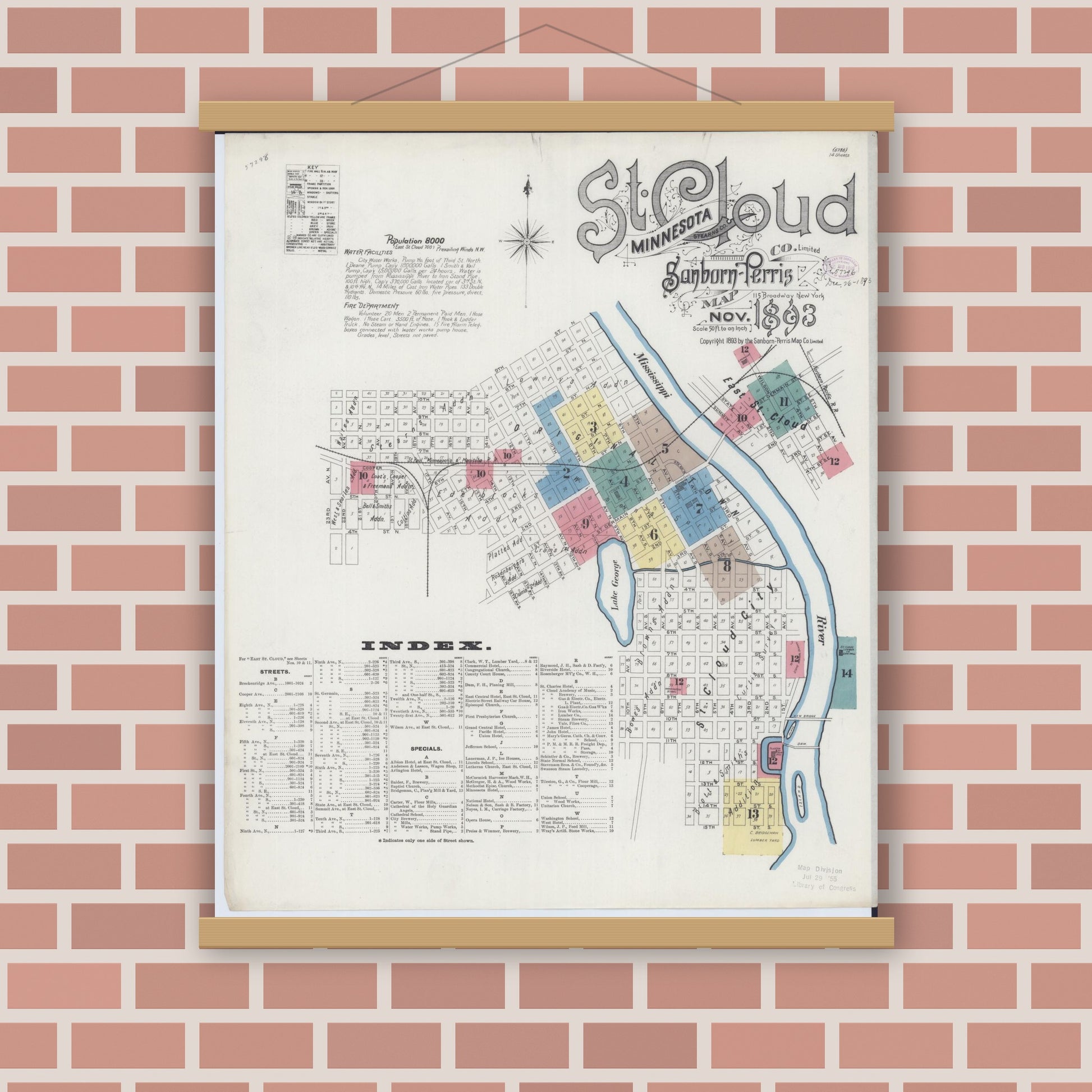Old map wall art mockup — magnetic wood frame on brick wall — Sanborn Fire Insurance Map from Saint Cloud, Stearns, Benton, and Sherburne Counties, Minnesota (1893) - Complete Map Set