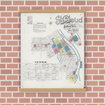 Old map wall art mockup — magnetic wood frame on brick wall — Sanborn Fire Insurance Map from Saint Cloud, Stearns, Benton, and Sherburne Counties, Minnesota (1893) - Complete Map Set