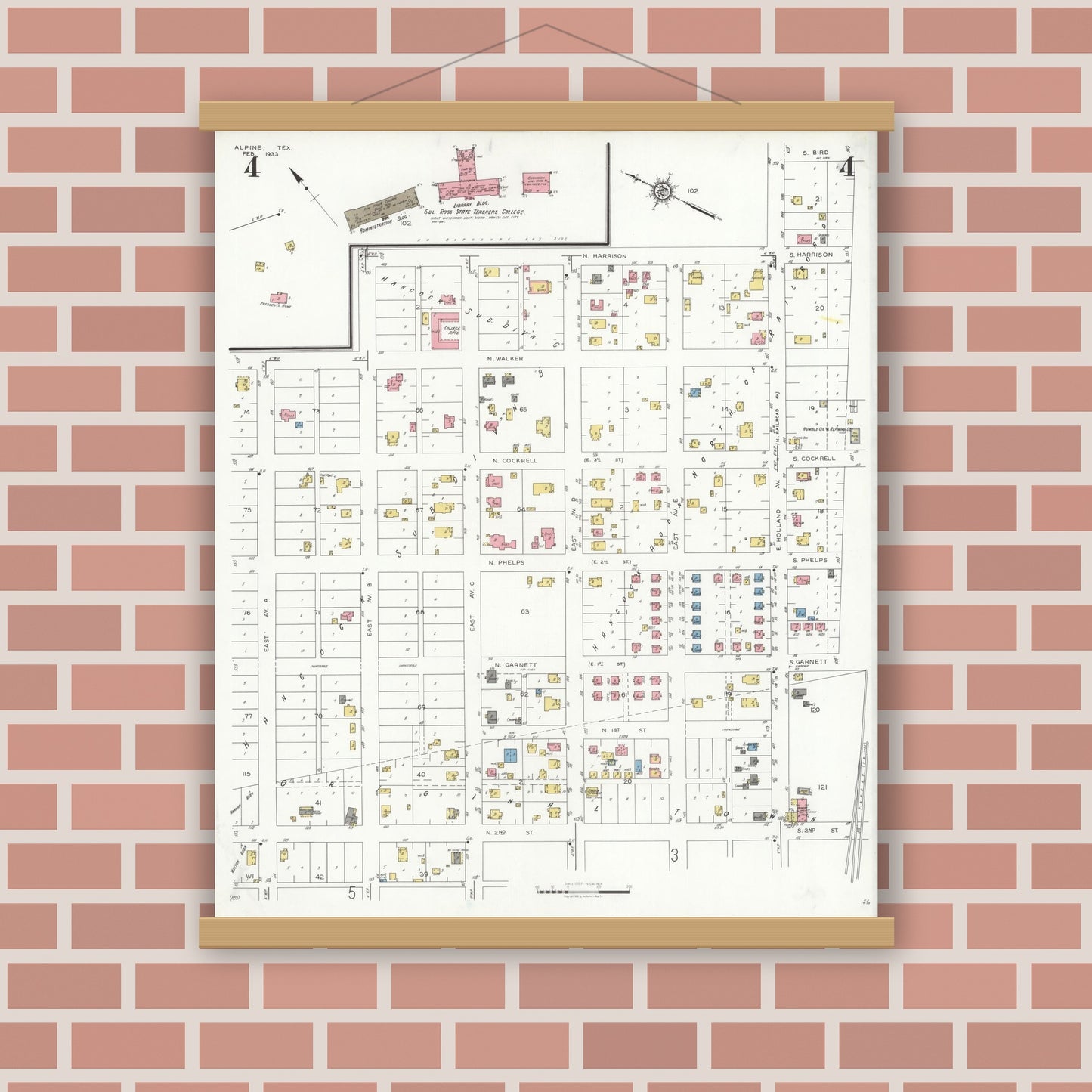 Old map wall art mockup — magnetic wood frame on brick wall — Sanborn Fire Insurance Map from Alpine, Brewster County, Texas (1933), Sheet #0004