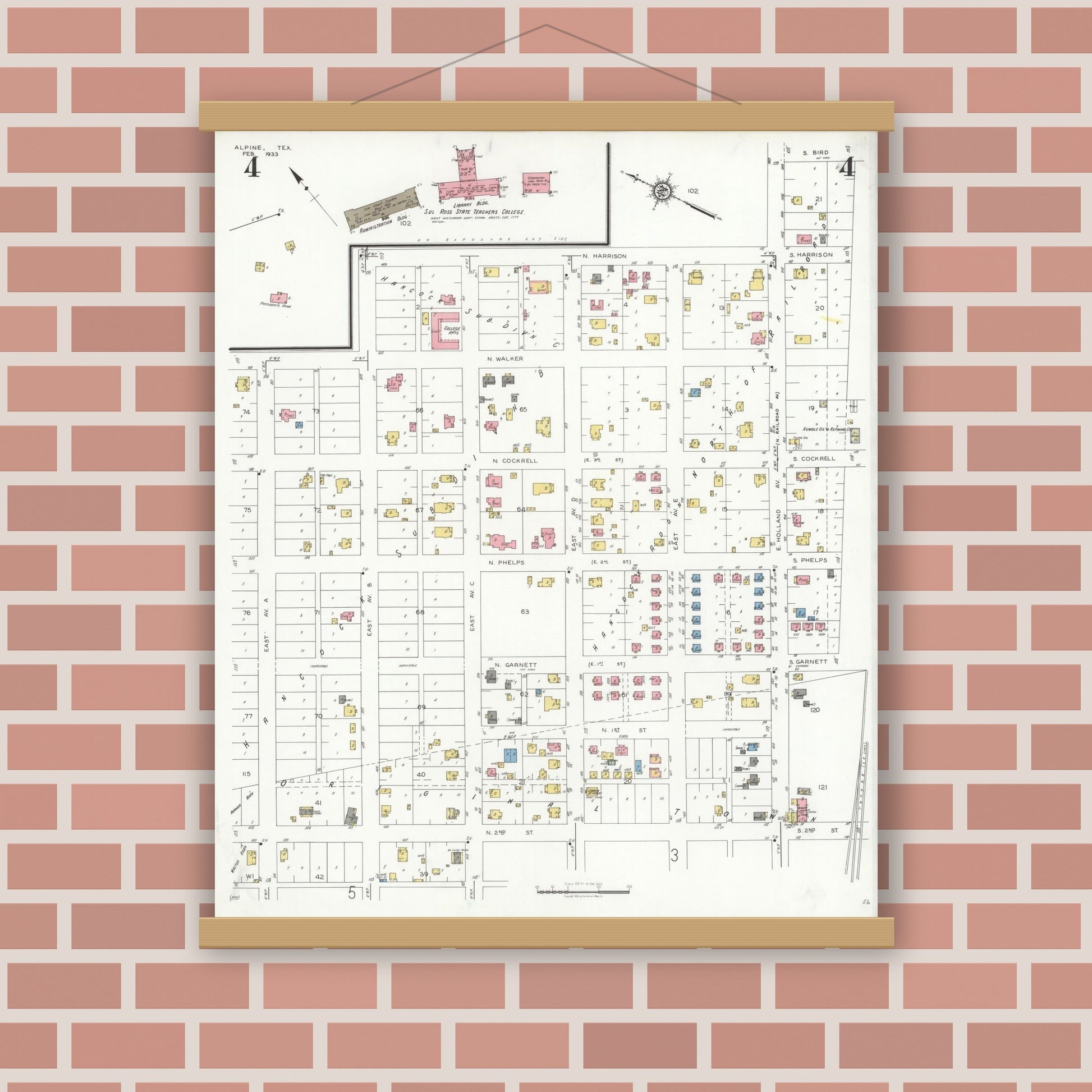 Old map wall art mockup — magnetic wood frame on brick wall — Sanborn Fire Insurance Map from Alpine, Brewster County, Texas (1933), Sheet #0004