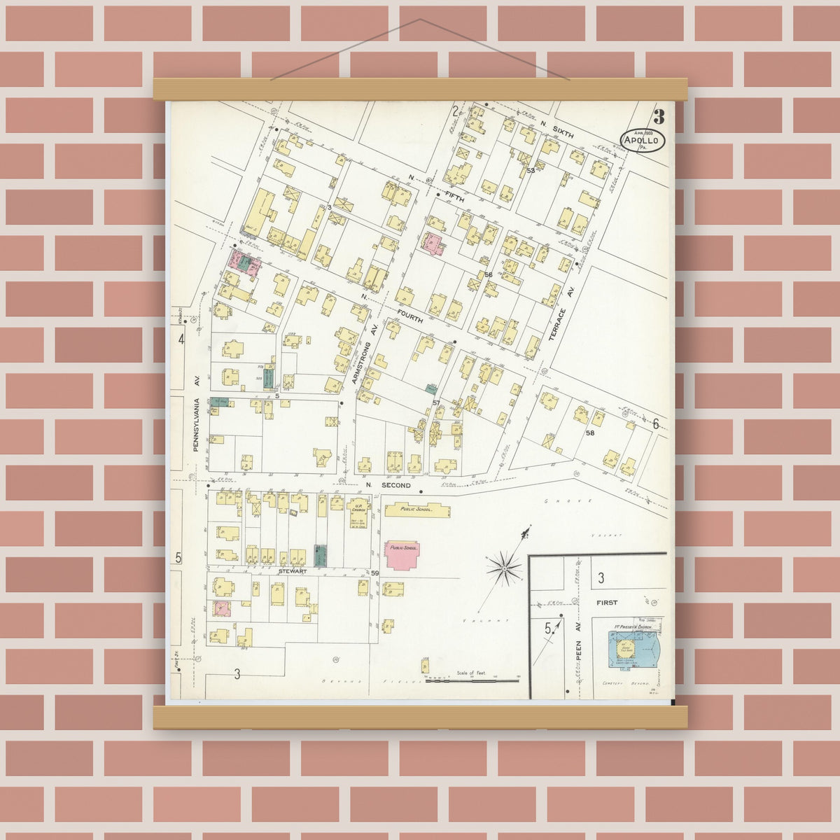 Old map wall art mockup — magnetic wood frame on brick wall — Sanborn Fire Insurance Map from Apollo, Armstrong County, Pennsylvania (1909), Sheet #0003