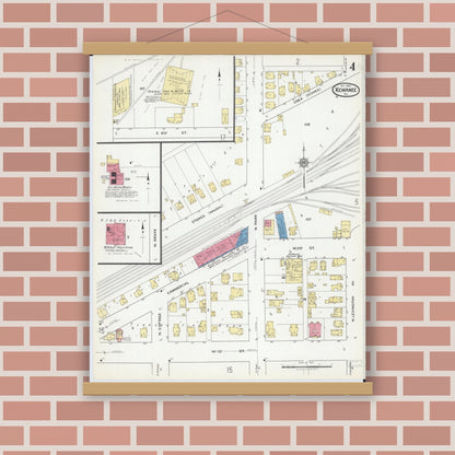 Old map wall art mockup — magnetic wood frame on brick wall — Sanborn Fire Insurance Map from Kewanee, Henry County, Illinois (1918), Sheet #0004