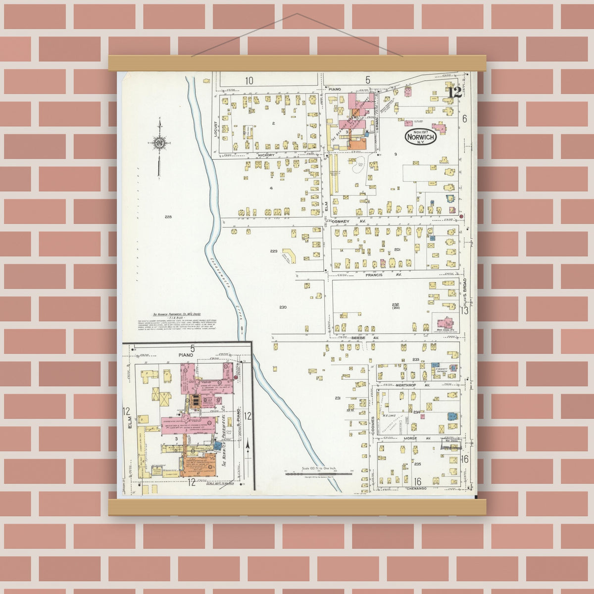 Old map wall art mockup — magnetic wood frame on brick wall — Sanborn Fire Insurance Map from Norwich, Chenango County, New York (1917), Sheet #0012