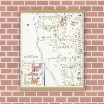 Old map wall art mockup — magnetic wood frame on brick wall — Sanborn Fire Insurance Map from Norwich, Chenango County, New York (1917), Sheet #0012