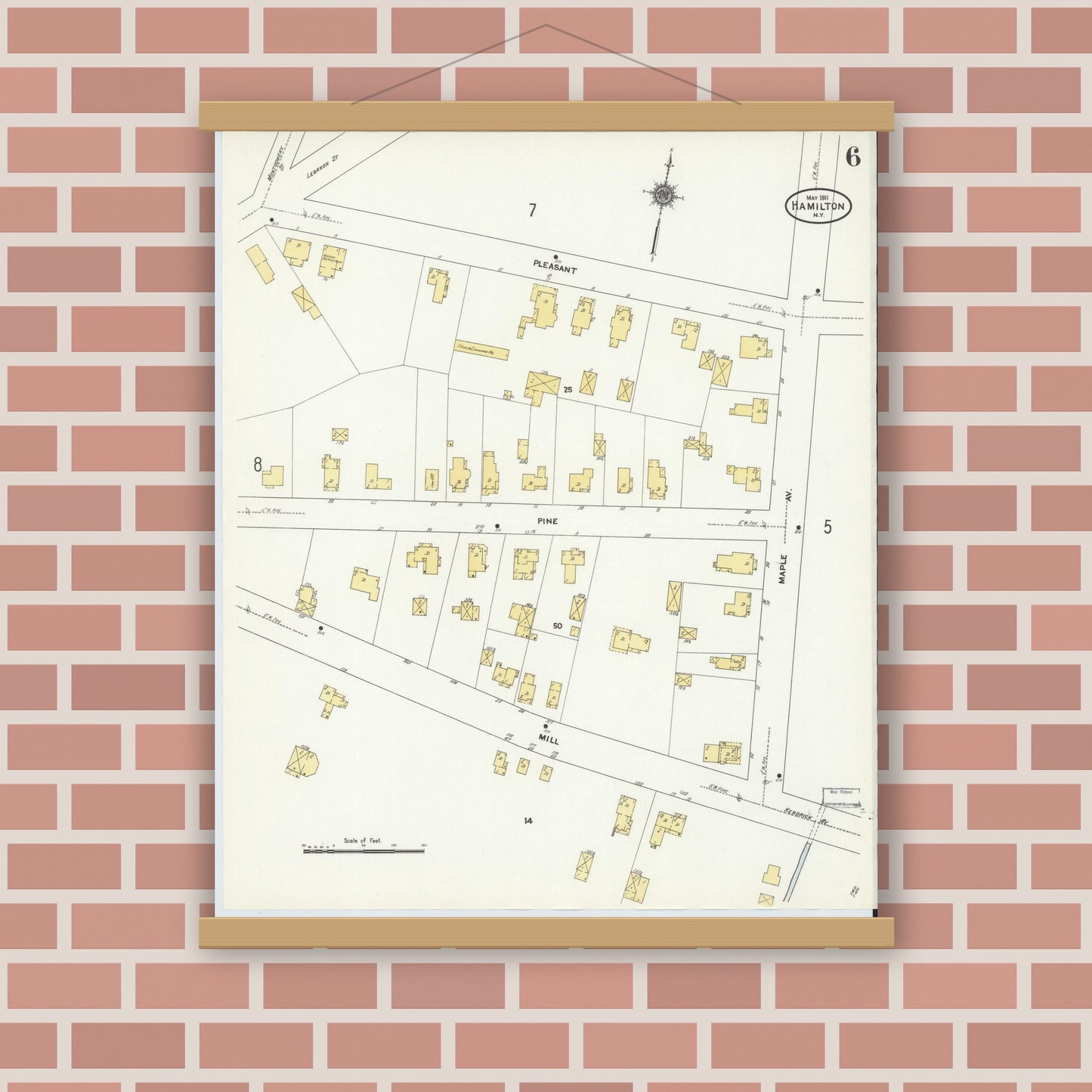 Old map wall art mockup — magnetic wood frame on brick wall — Sanborn Fire Insurance Map from Hamilton, Madison County, New York (1911), Sheet #0006