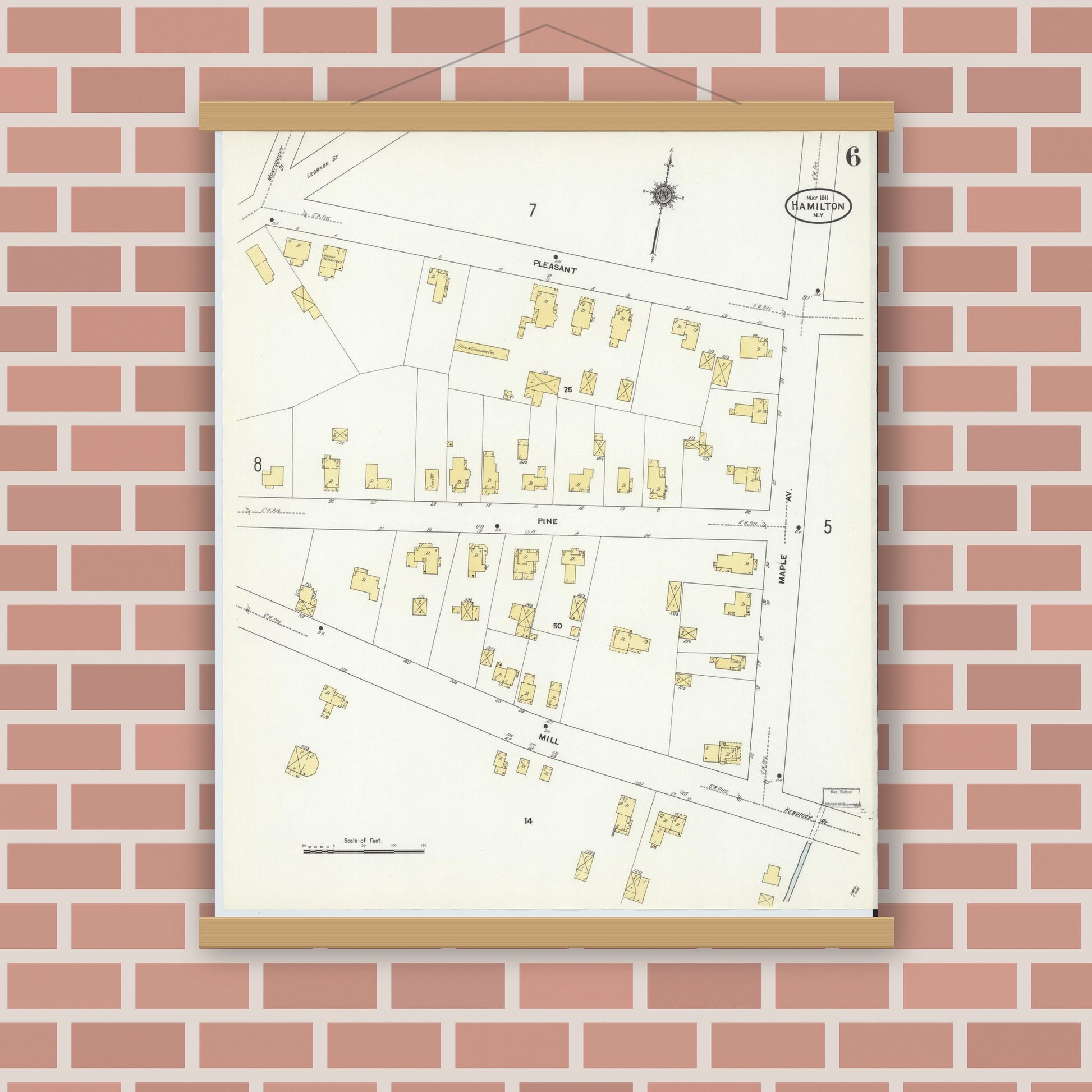 Old map wall art mockup — magnetic wood frame on brick wall — Sanborn Fire Insurance Map from Hamilton, Madison County, New York (1911), Sheet #0006