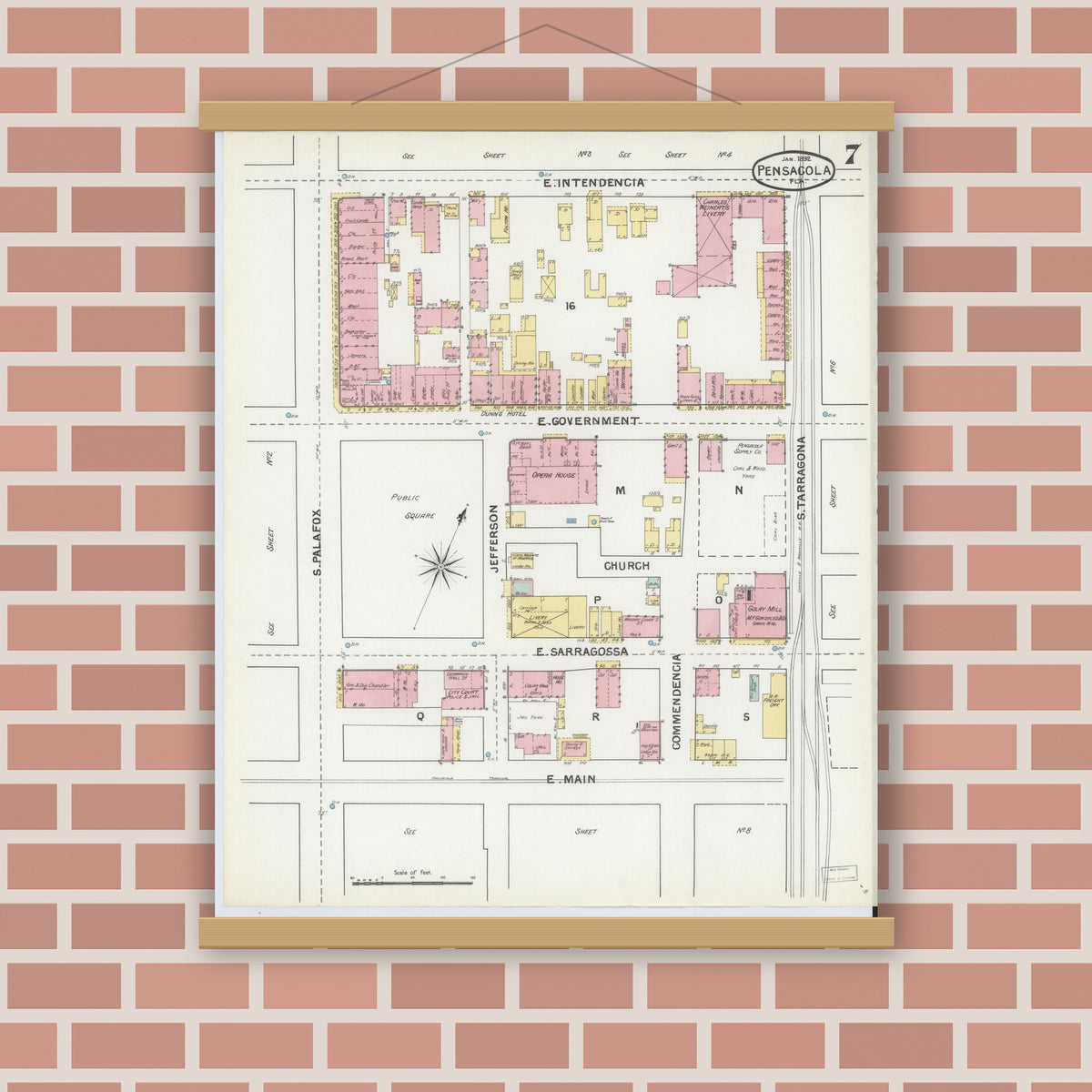 Old map wall art mockup — magnetic wood frame on brick wall — Sanborn Fire Insurance Map from Pensacola, Escambia County, Florida (1892), Sheet #0007