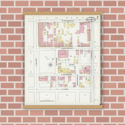 Old map wall art mockup — magnetic wood frame on brick wall — Sanborn Fire Insurance Map from Pensacola, Escambia County, Florida (1892), Sheet #0007