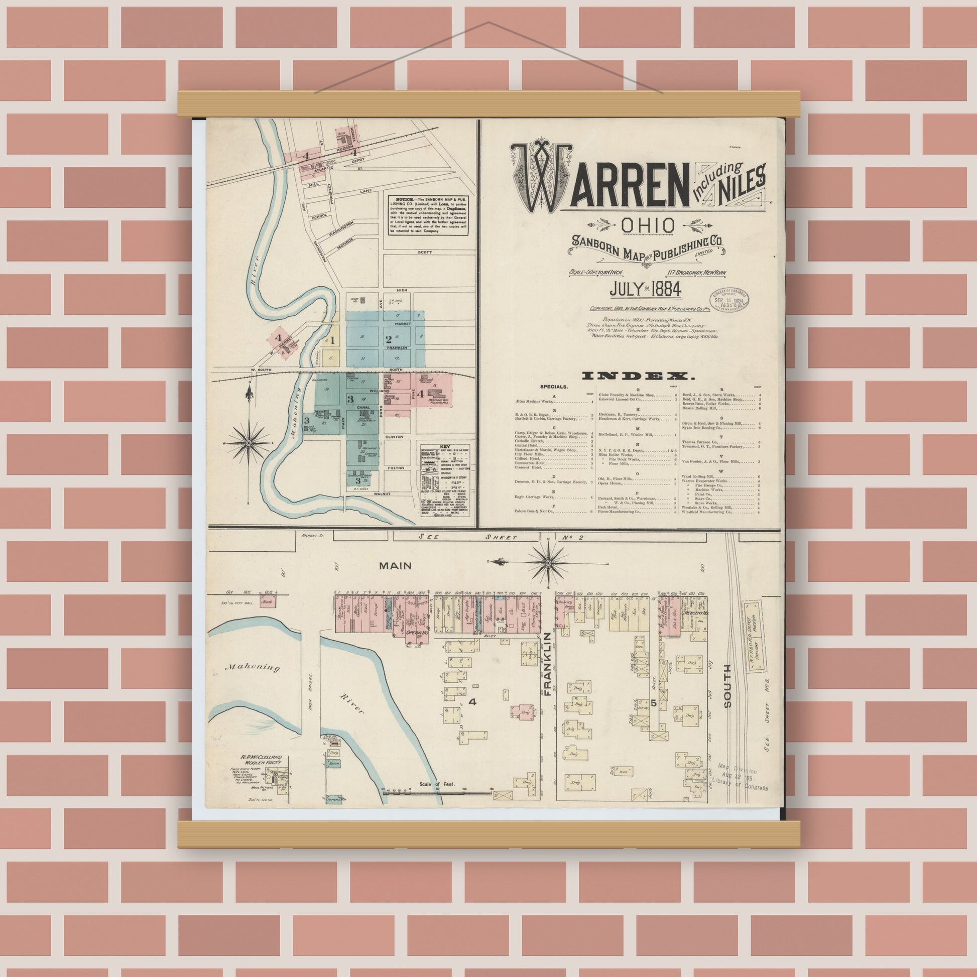 Old map wall art mockup — magnetic wood frame on brick wall — Sanborn Fire Insurance Map from Warren, Trumbull County, Ohio (1884), Sheet #0001