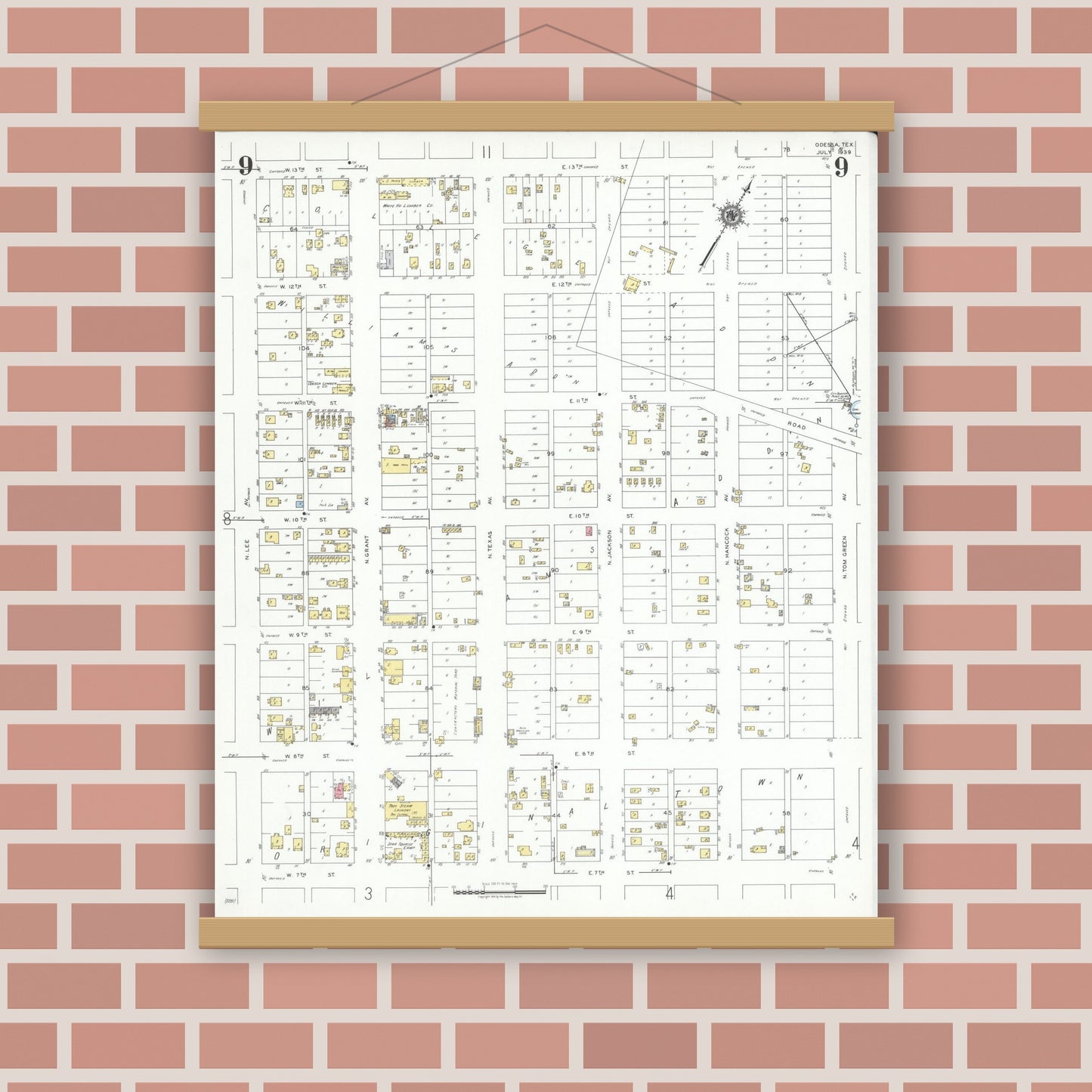 Old map wall art mockup — magnetic wood frame on brick wall — Sanborn Fire Insurance Map from Odessa, Edger County, Texas (1939), Sheet #0009