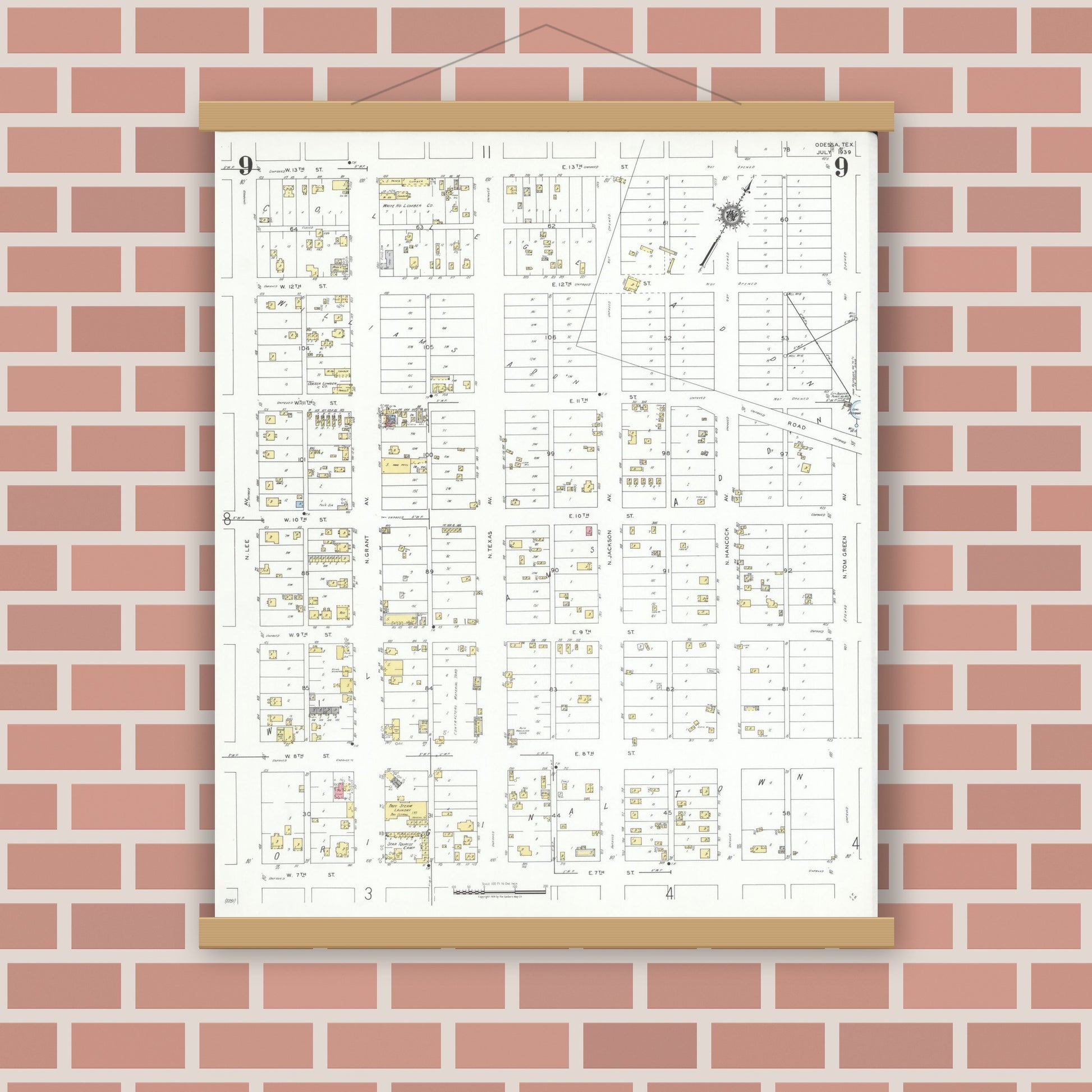 Old map wall art mockup — magnetic wood frame on brick wall — Sanborn Fire Insurance Map from Odessa, Edger County, Texas (1939), Sheet #0009
