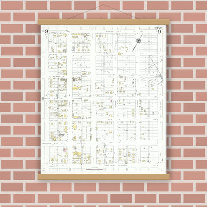Old map wall art mockup — magnetic wood frame on brick wall — Sanborn Fire Insurance Map from Odessa, Edger County, Texas (1939), Sheet #0009