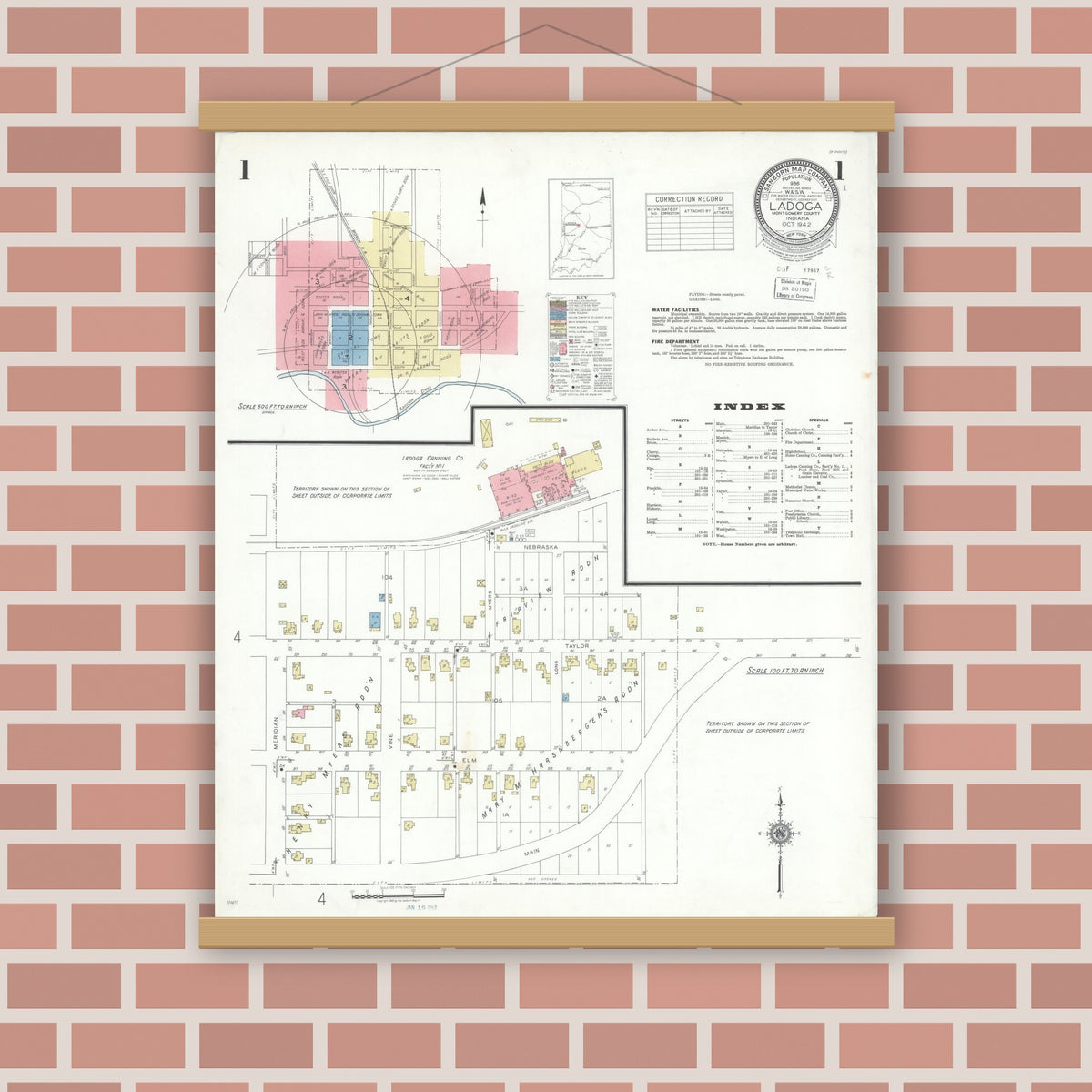 Old map wall art mockup — magnetic wood frame on brick wall — Sanborn Fire Insurance Map from Ladoga, Montgomery County, Indiana (1942) - Complete Map Set