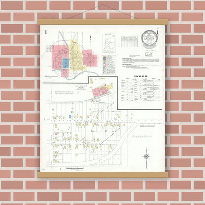 Old map wall art mockup — magnetic wood frame on brick wall — Sanborn Fire Insurance Map from Ladoga, Montgomery County, Indiana (1942) - Complete Map Set