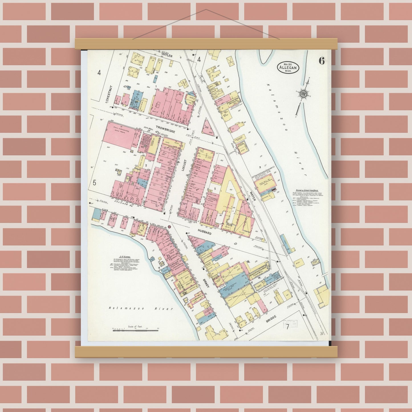 Old map wall art mockup — magnetic wood frame on brick wall — Sanborn Fire Insurance Map from Allegan, Allegan County, Michigan (1911), Sheet #0006