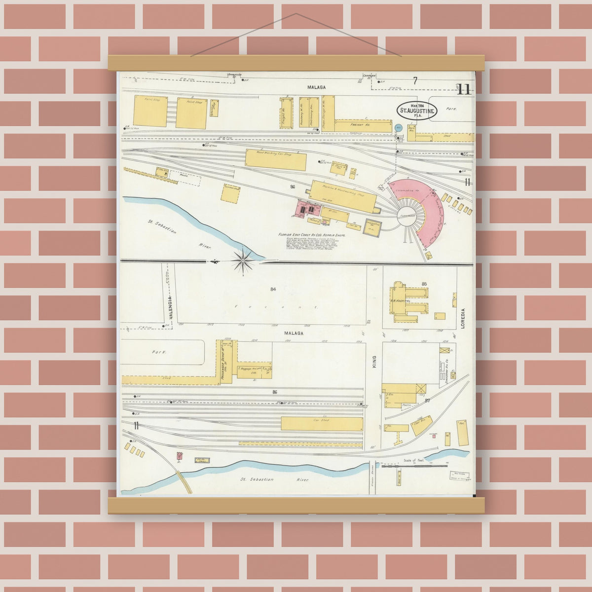 Old map wall art mockup — magnetic wood frame on brick wall — Sanborn Fire Insurance Map from Saint Augustine, Saint John's County, Florida (1904), Sheet #0011