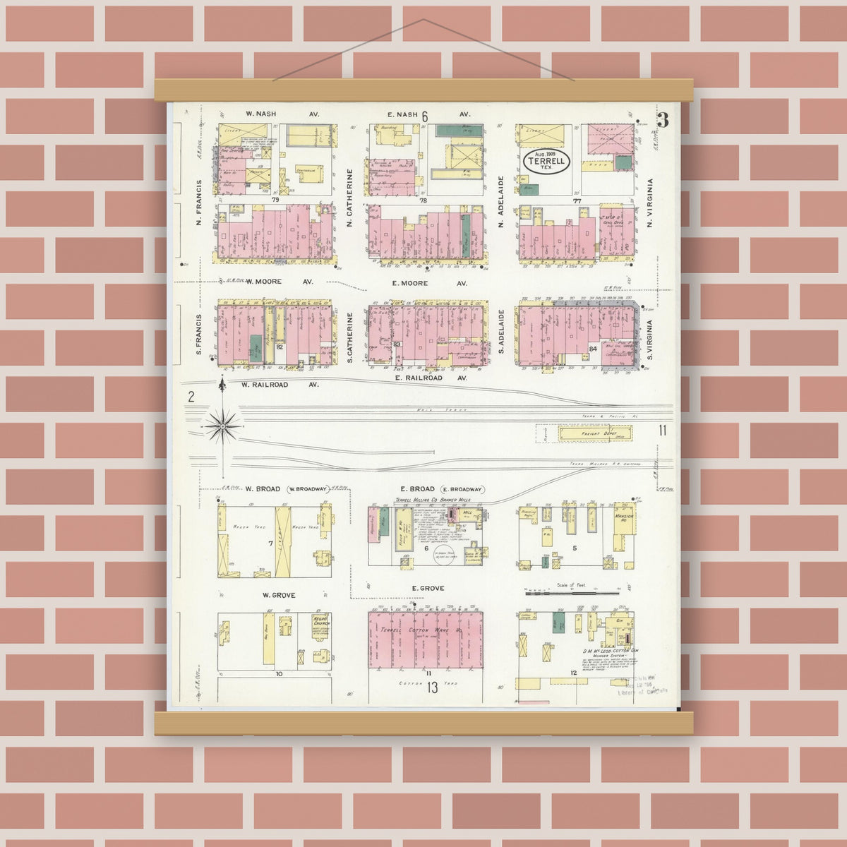 Old map wall art mockup — magnetic wood frame on brick wall — Sanborn Fire Insurance Map from Terrell, Kaufman County, Texas (1909), Sheet #0003