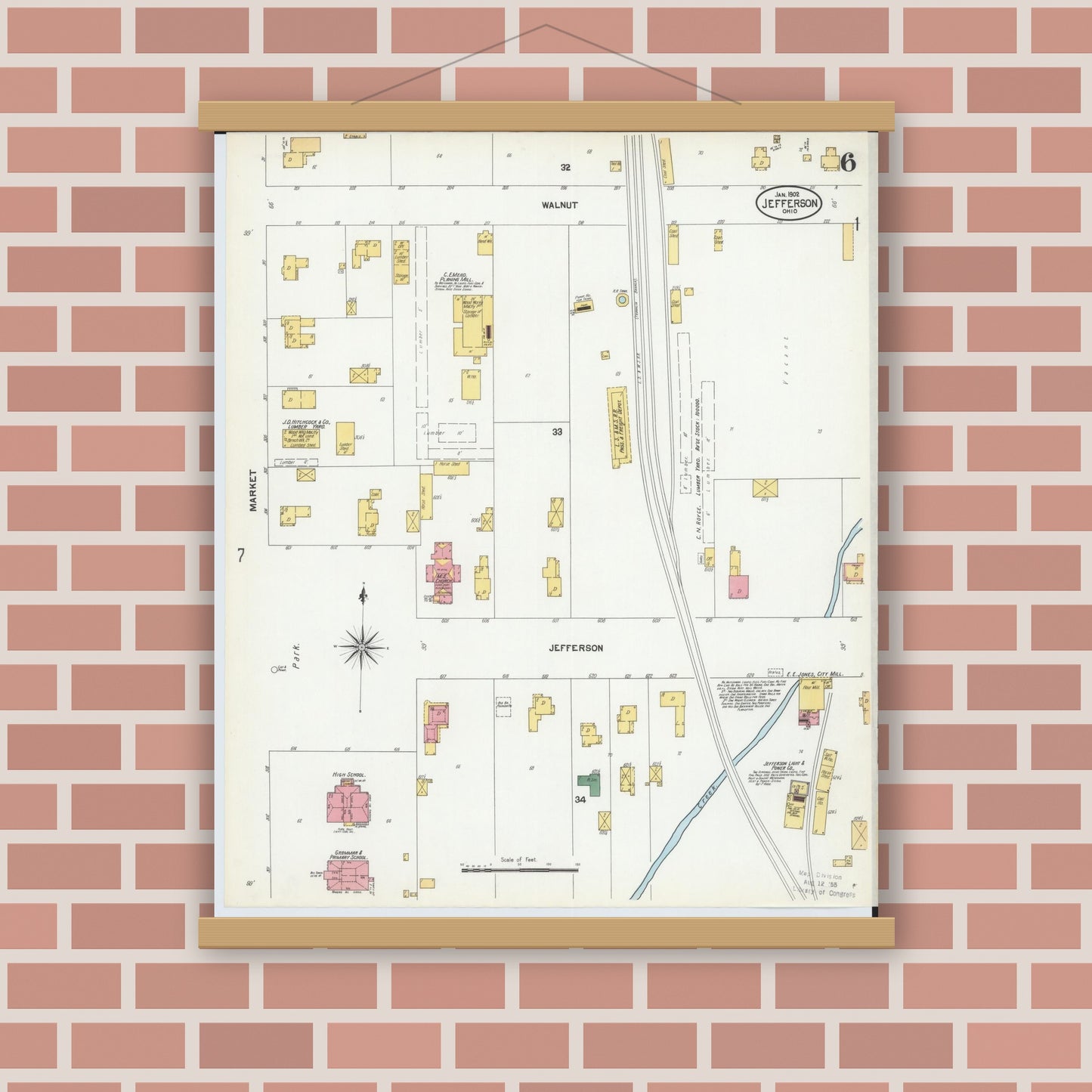 Old map wall art mockup — magnetic wood frame on brick wall — Sanborn Fire Insurance Map from Jefferson, Ashtabula County, Ohio (1902), Sheet #0006