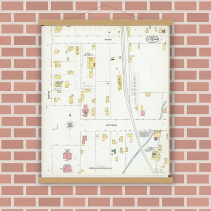 Old map wall art mockup — magnetic wood frame on brick wall — Sanborn Fire Insurance Map from Jefferson, Ashtabula County, Ohio (1902), Sheet #0006
