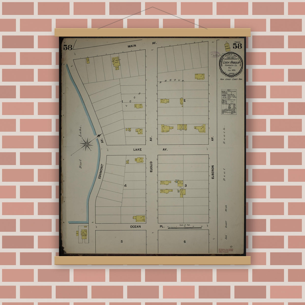 Old map wall art mockup — magnetic wood frame on brick wall — Sanborn Fire Insurance Map from New Jersey Coast, New Jersey Coast, New Jersey (1890), Sheet #0058