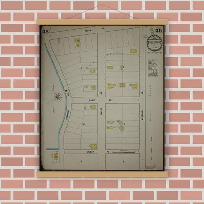 Old map wall art mockup — magnetic wood frame on brick wall — Sanborn Fire Insurance Map from New Jersey Coast, New Jersey Coast, New Jersey (1890), Sheet #0058