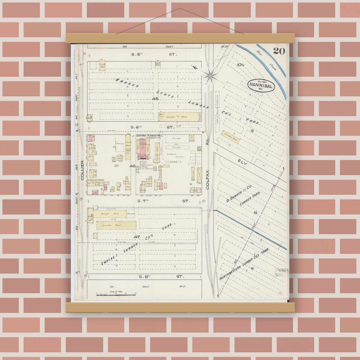 Old map wall art mockup — magnetic wood frame on brick wall — Sanborn Fire Insurance Map from Hannibal, Marion County, Missouri (1885), Sheet #0020