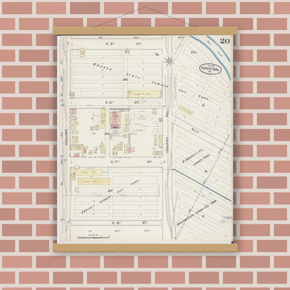 Old map wall art mockup — magnetic wood frame on brick wall — Sanborn Fire Insurance Map from Hannibal, Marion County, Missouri (1885), Sheet #0020