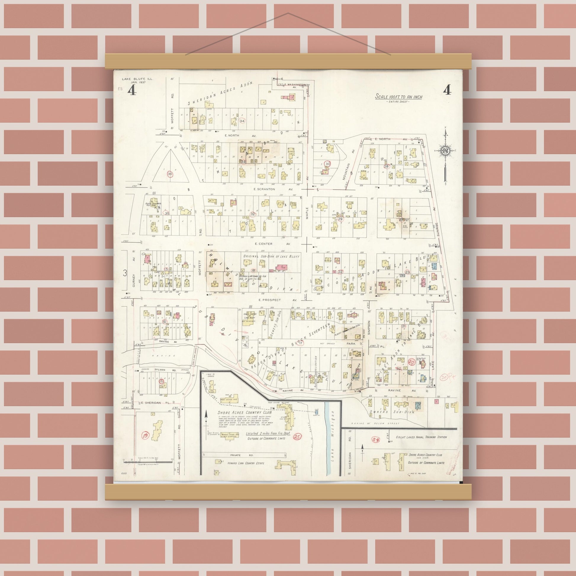 Old map wall art mockup — magnetic wood frame on brick wall — Sanborn Fire Insurance Map from Lake Bluff, Lake County, Illinois (1944), Sheet #0004