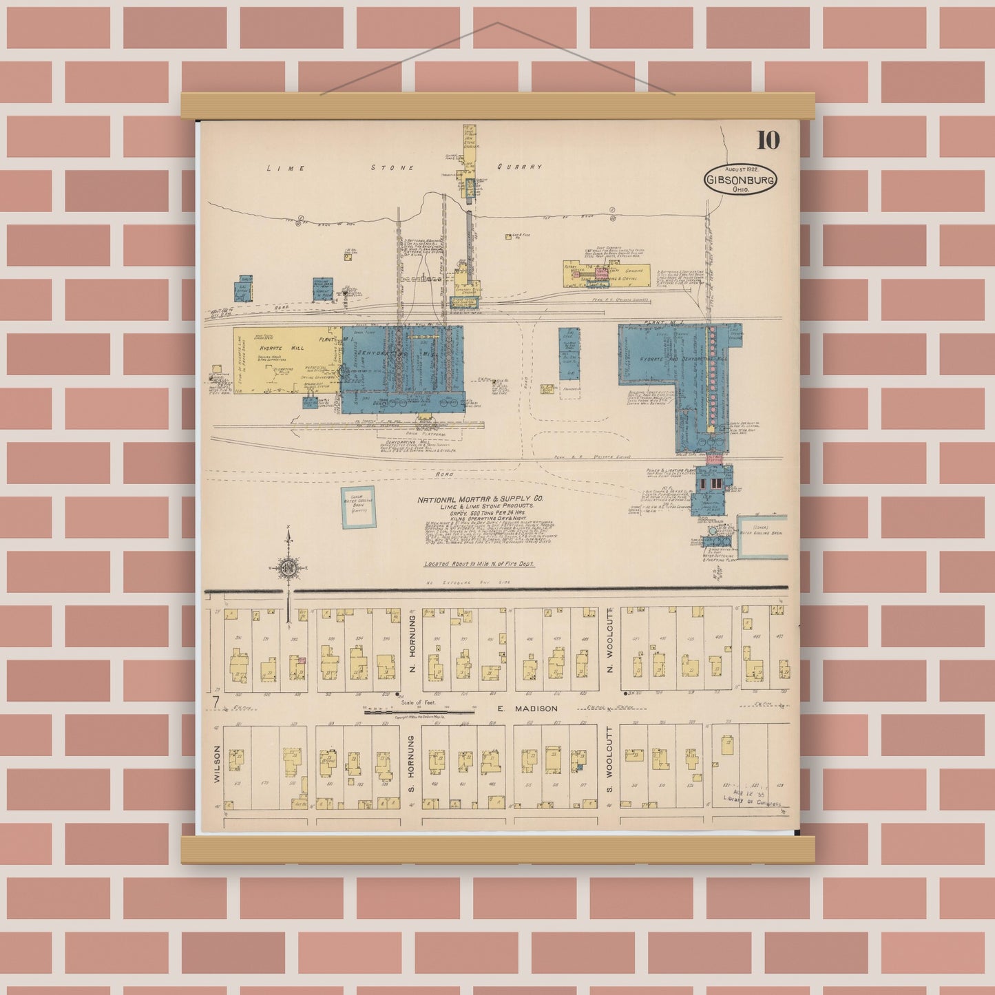 Old map wall art mockup — magnetic wood frame on brick wall — Sanborn Fire Insurance Map from Gibsonburg, Sandusky County, Ohio (1922), Sheet #0010