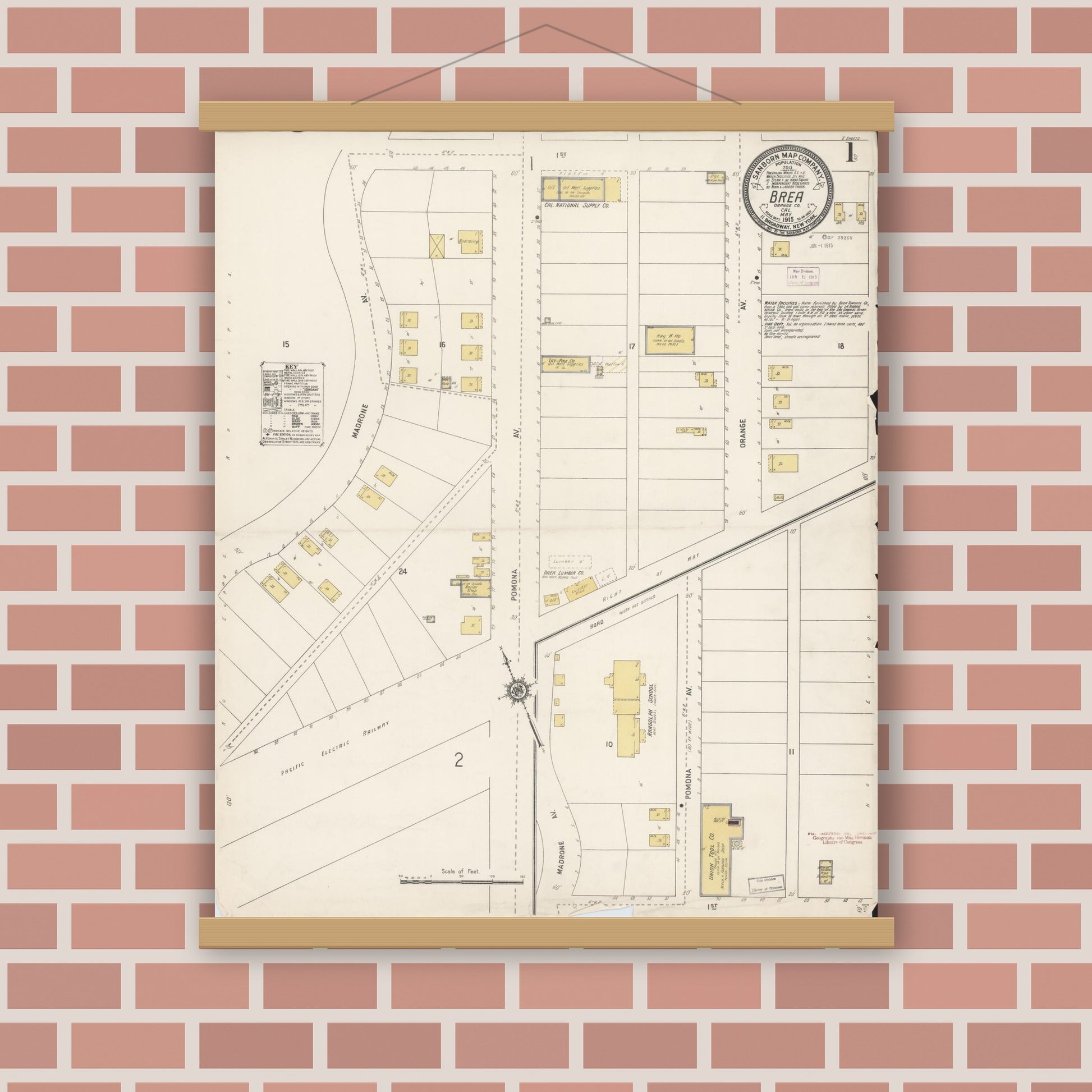 Old map wall art mockup — magnetic wood frame on brick wall — Sanborn Fire Insurance Map from Brea, Orange County, California (1915) - Complete Map Set